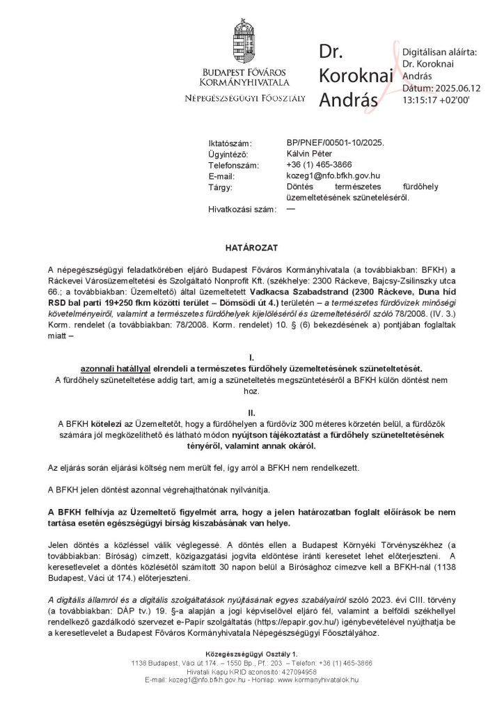 Döntés a Vadkacsa Szabadstrand fürdőhely üzemeltetésének beszüntetéséről
