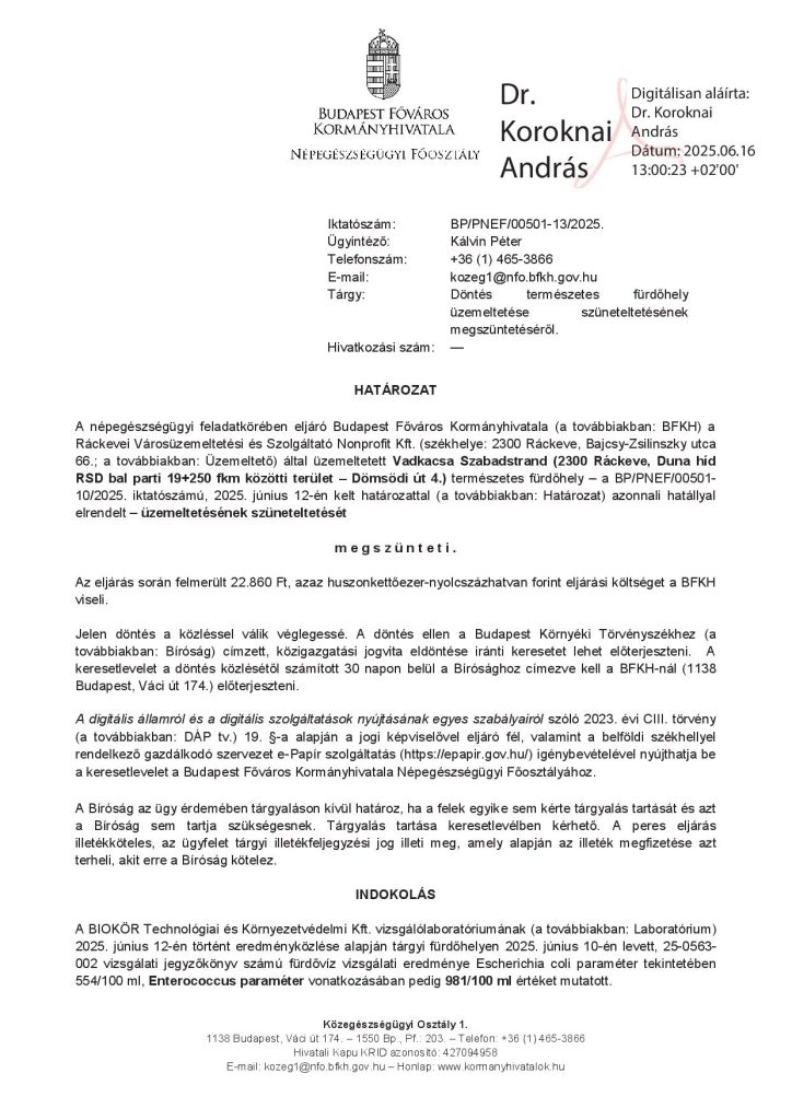 Döntés természetes fürdőhely üzemeltetése szüneteltetésének megszüntetéséről
