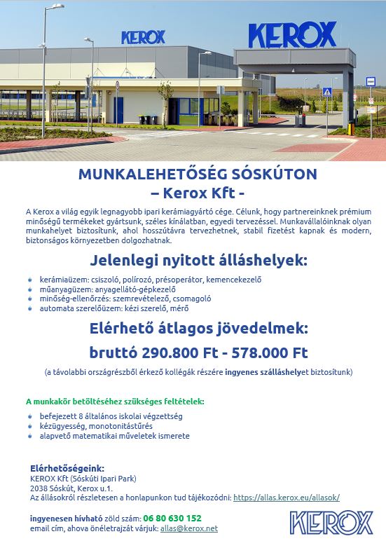 Munkalehetőség Sóskúton - Kerox Kft.