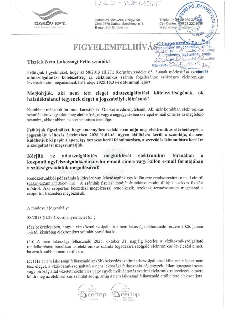 Figyelemfelhívás nem lakossági felhasználóknak