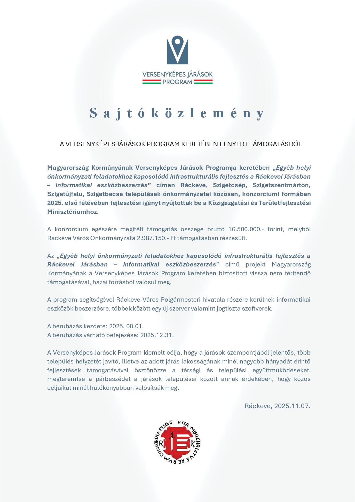 Egyéb helyi önkormányzati feladatokhoz kapcsolódó infrastrukturális fejlesztés a Ráckevei Járásban – informatikai eszközbeszerzés