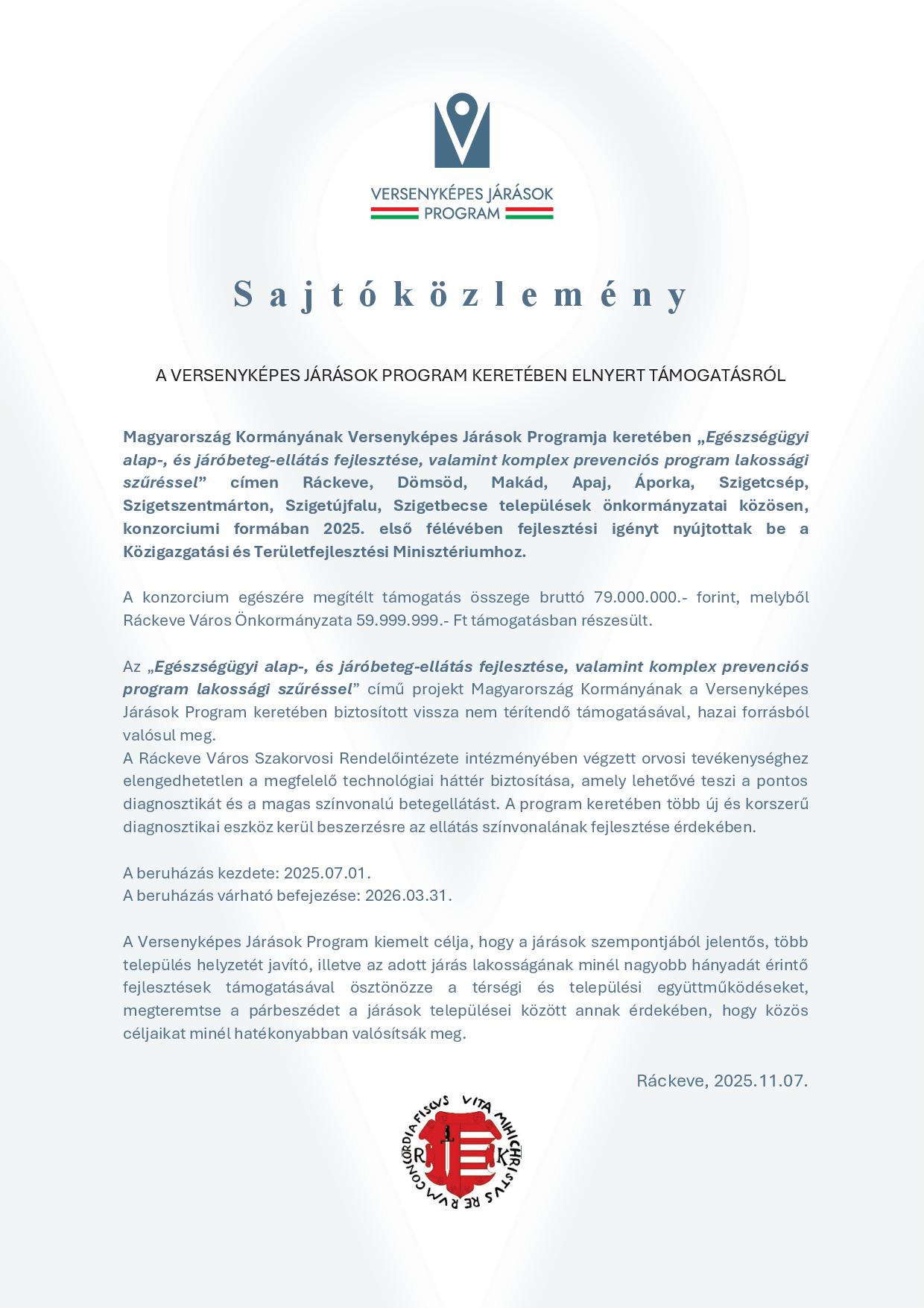 Egészségügyi alap-, és járóbeteg-ellátás fejlesztése, valamint komplex prevenciós program lakossági szűréssel